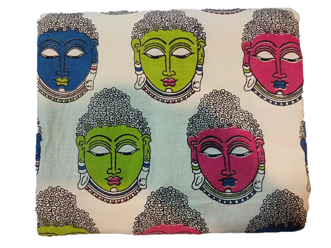 Cotton Kalamkari Handblock Saree BlouseKurti Fabric 100 cms - Budda Print - Cream Colour