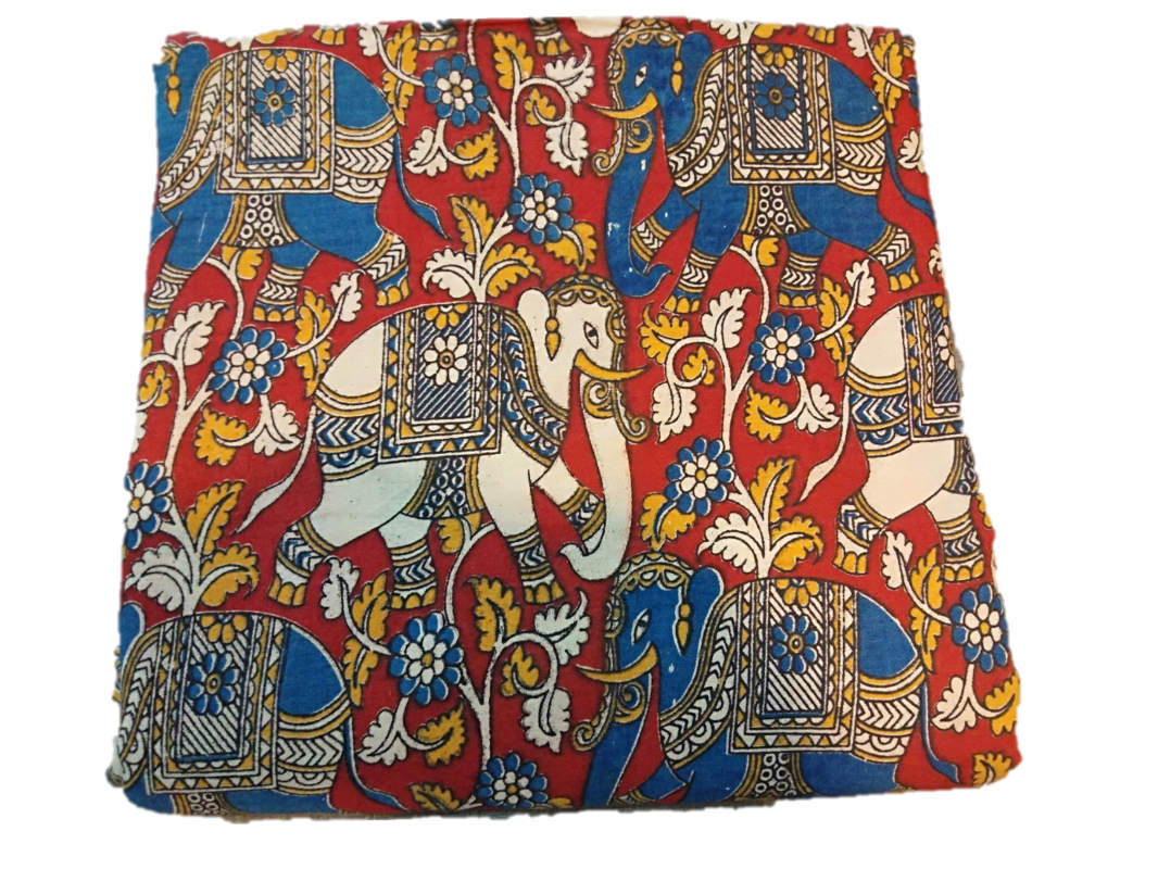 Cotton Kalamkari Handblock Saree Blouse/Kurti Fabric 100 cms - Haathi Print - Red Colour