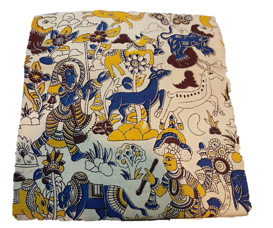 Cotton Kalamkari Handblock Saree BlouseKurti Fabric 100 cms - Animals Print - Cream Colour