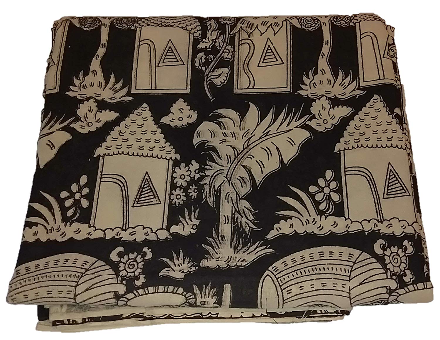 Cotton Kalamkari Handblock Saree Blouse/Kurti Fabric 100 cms Village Print- Black