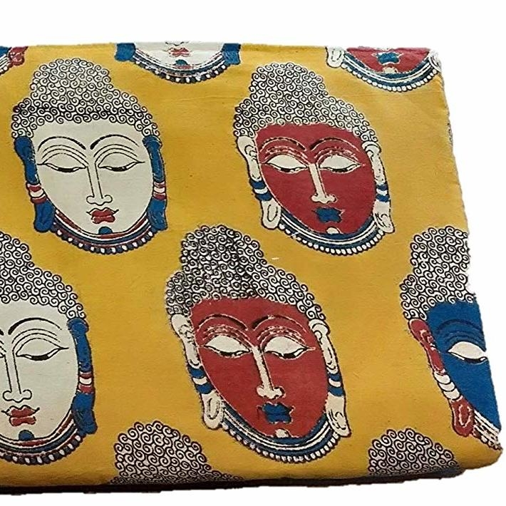 Cotton Kalamkari Handblock Saree Blouse/Kurti Fabric 100 cms Yellow Colour - Budda Print
