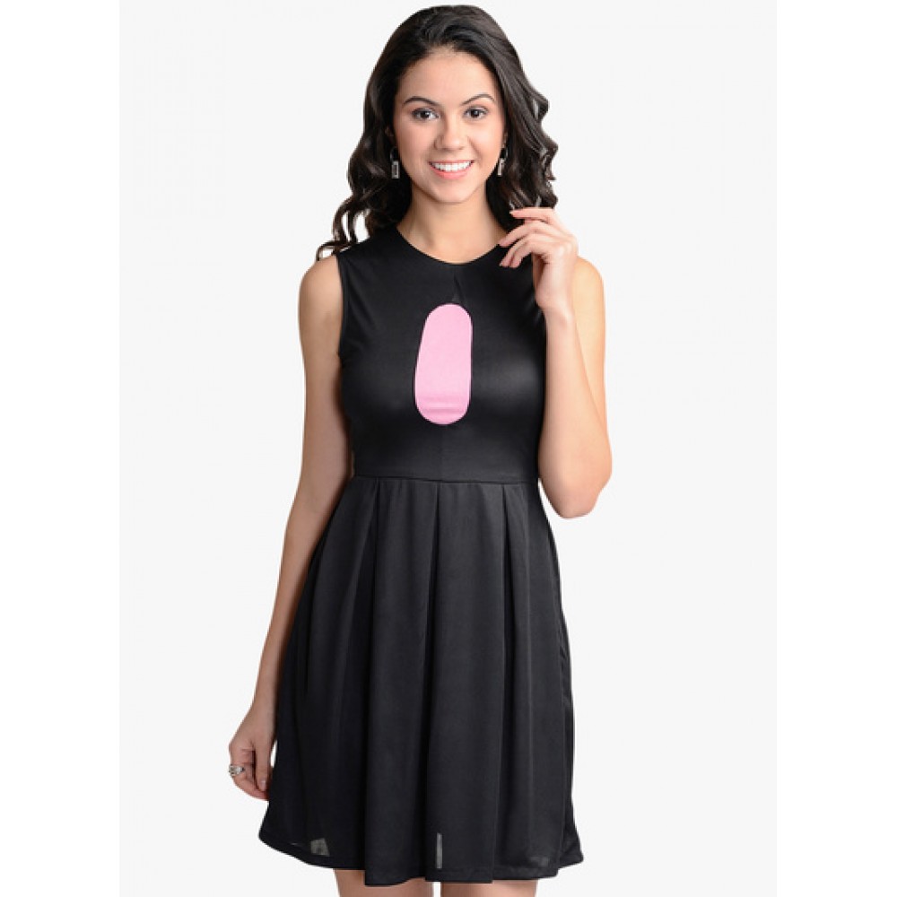 Lafacon-Black-Solid-Skater-Dress