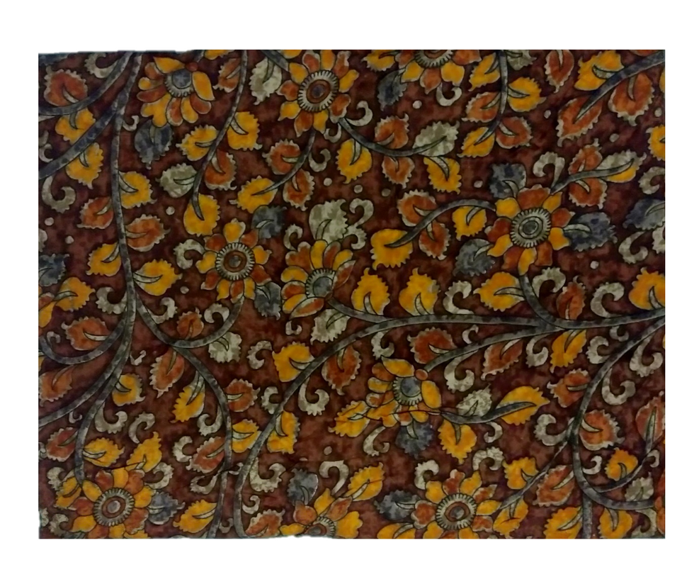 Rayon Kalamkari Handblock Saree BlouseKurti Fabric 100 cms - Floral Print - Chocolate Colour