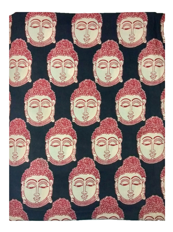 Cotton Kalamkari Handblock Saree BlouseKurti Fabric 100 cms - BUdda Print - Black Colour