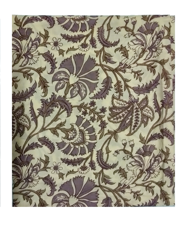 Cotton Kalamkari Handblock Saree BlouseKurti Fabric 100 cms - Floral Print - Cream Colour