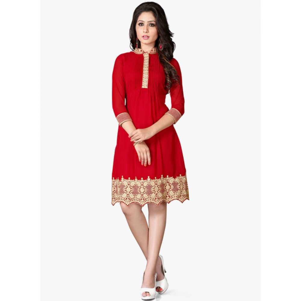 Lafacon Stitched Red Solid Georgette Kurti