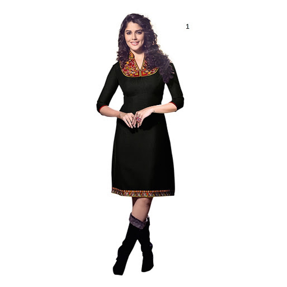 Lafacon Stitched Black Solid Linen Kurti