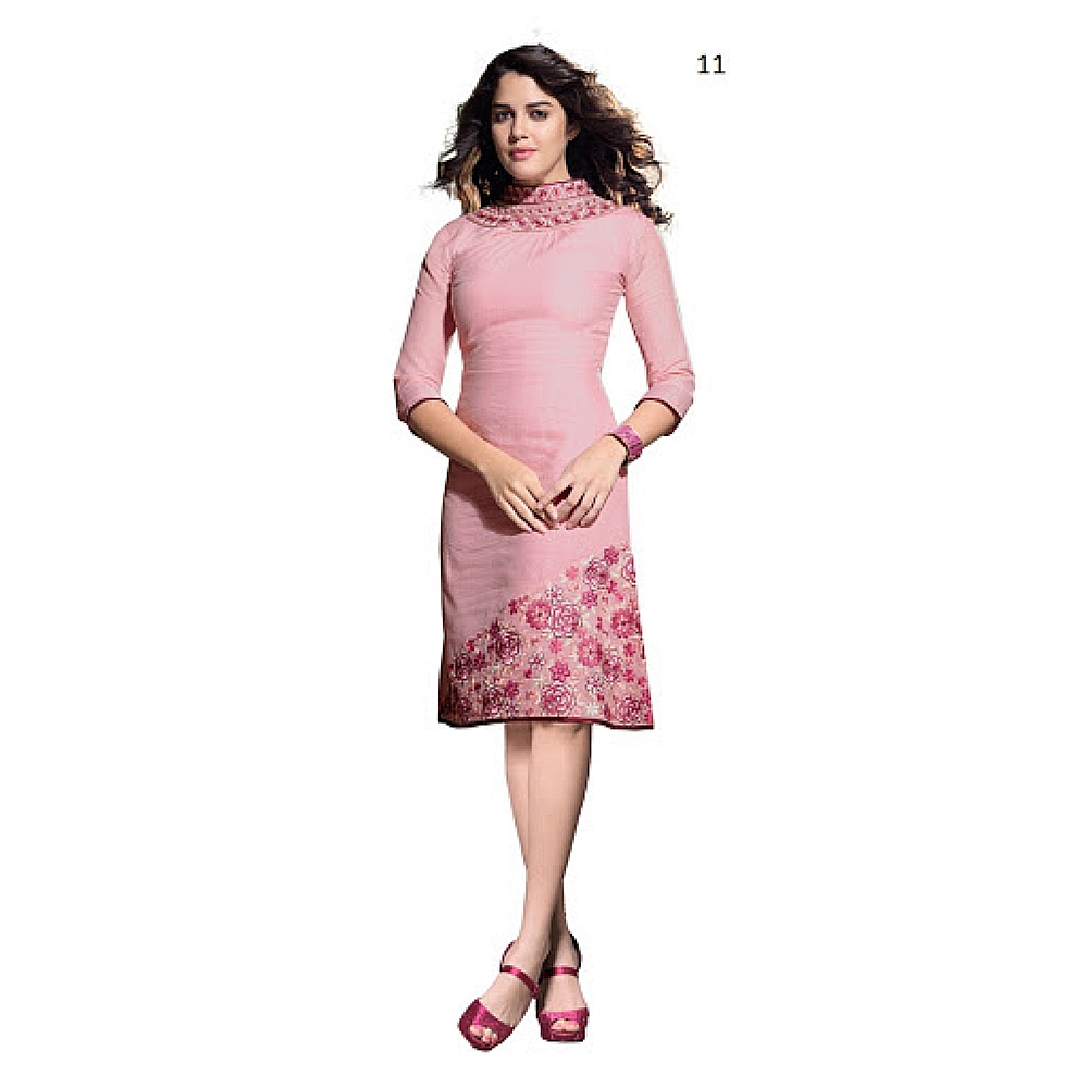 Lafacon Stitched Pink Solid Linen Kurti