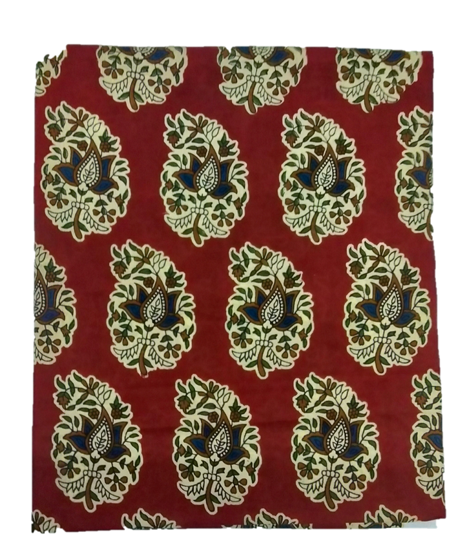 Cotton Kalamkari Handblock Saree BlouseKurti Fabric 100 cms - Beautiful Leaf Print - Red Colour