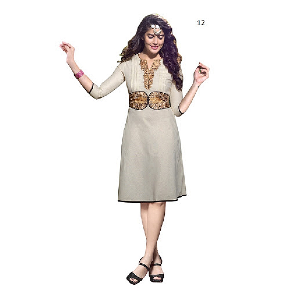 Lafacon Stitched Beige Solid Linen Kurti