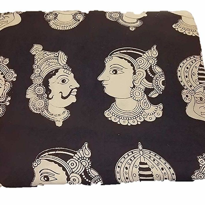 Cotton Kalamkari Handblock Saree Blouse/Kurti Fabric 100 cms Black Colour - Multi Base Dancers Print