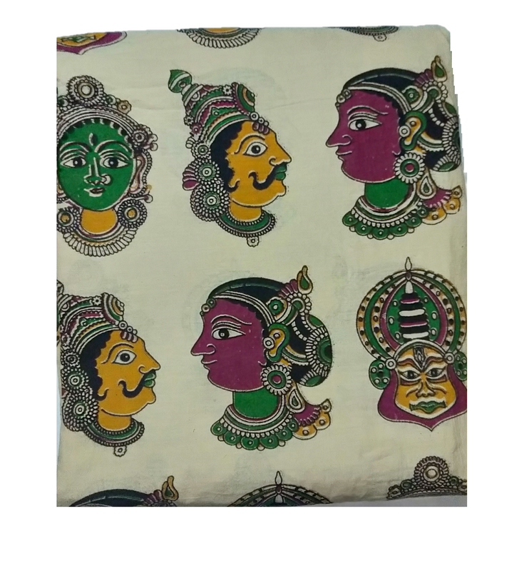 Cotton Kalamkari Handblock Saree BlouseKurti Fabric 100 cms - Multi Base Dancer Print - Cream Colour