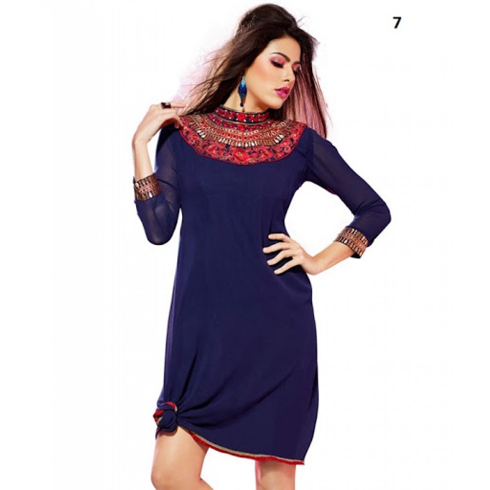 Lafacon Stitched Blue Solid Georgette Kurti