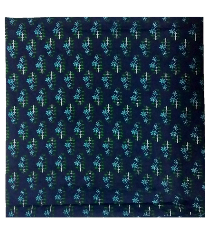 Cotton Kalamkari Handblock Saree BlouseKurti Fabric 100 cms - Floral Print - Navy Blue Colour
