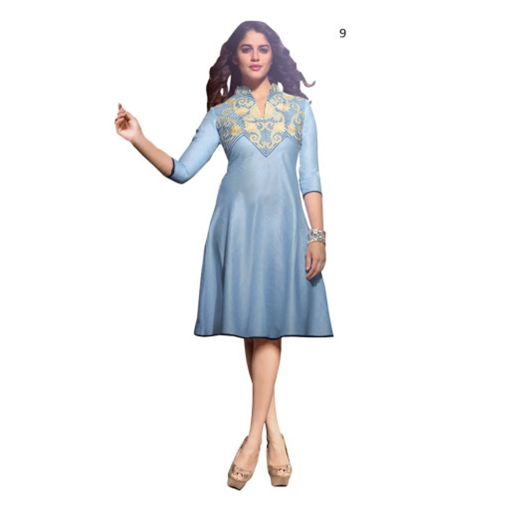 Lafacon Stitched Light Blue Solid Linen Kurti