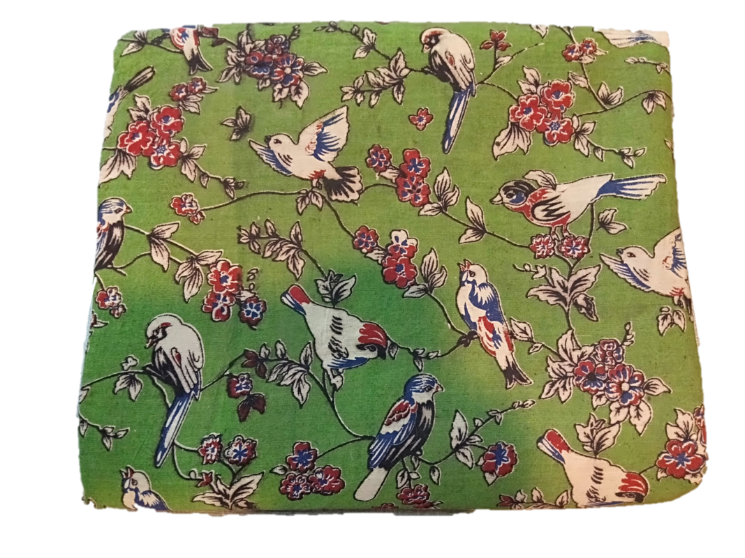 Cotton Kalamkari Handblock Saree BlouseKurti Fabric 100 cms - Birds Print - Green Colour