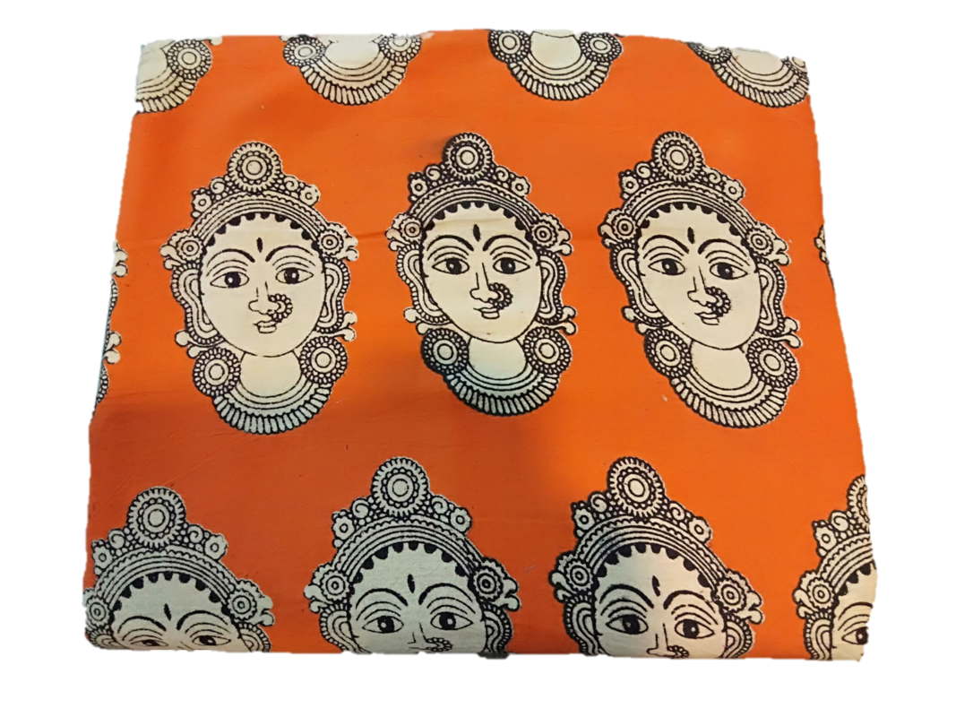 Cotton Kalamkari Handblock Saree BlouseKurti Fabric 100 cms - Base Dancer Print - Orange Colour
