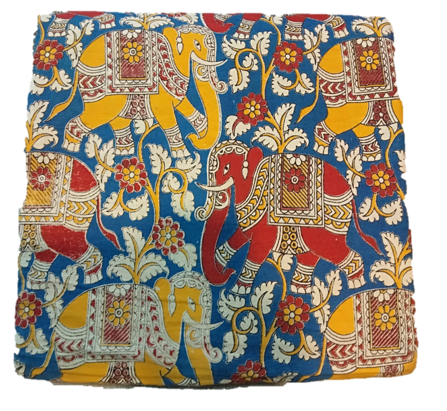 Cotton Kalamkari Handblock Saree Blouse/Kurti Fabric 100 cms - Haathi Print - Blue Colour