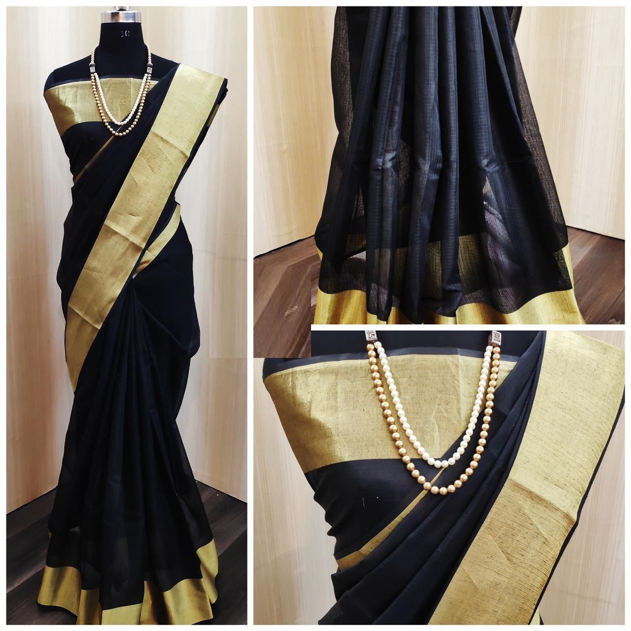 Chanderi Black Satin Silk Printed Regular Saree