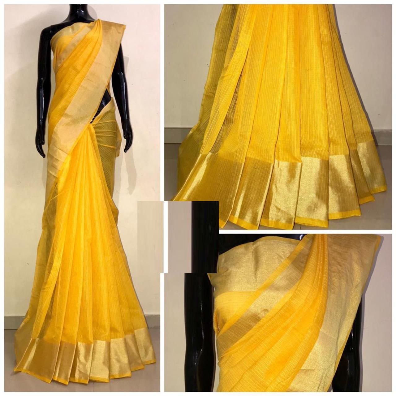 Chanderi Yellow Satin Silk Printed Regular Saree