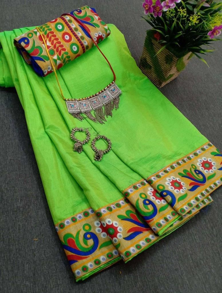 Latest Parrot Sana Silk Solid With Printed Border Regular Saree