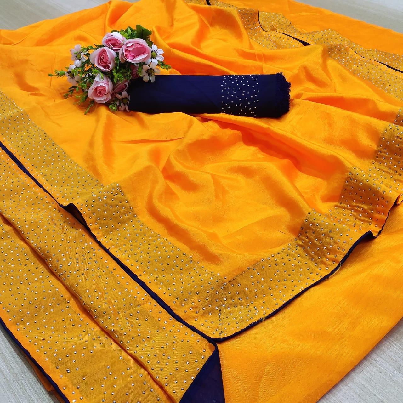 Pretty Yellow Blue Banglori Silk Solid With Stone Border Regular Sarees