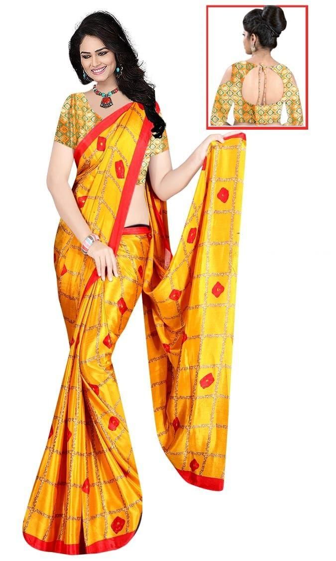 Glamorous Yellow Silk Checks Print Saree