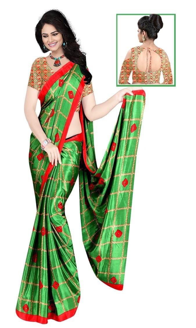 Glamorous Parrot Silk Checks Print Saree
