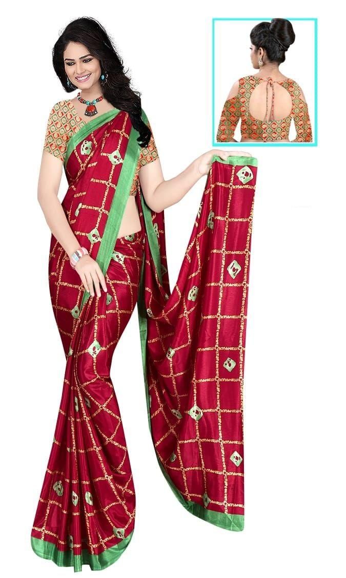Glamorous Maroon Silk Checks Print Saree