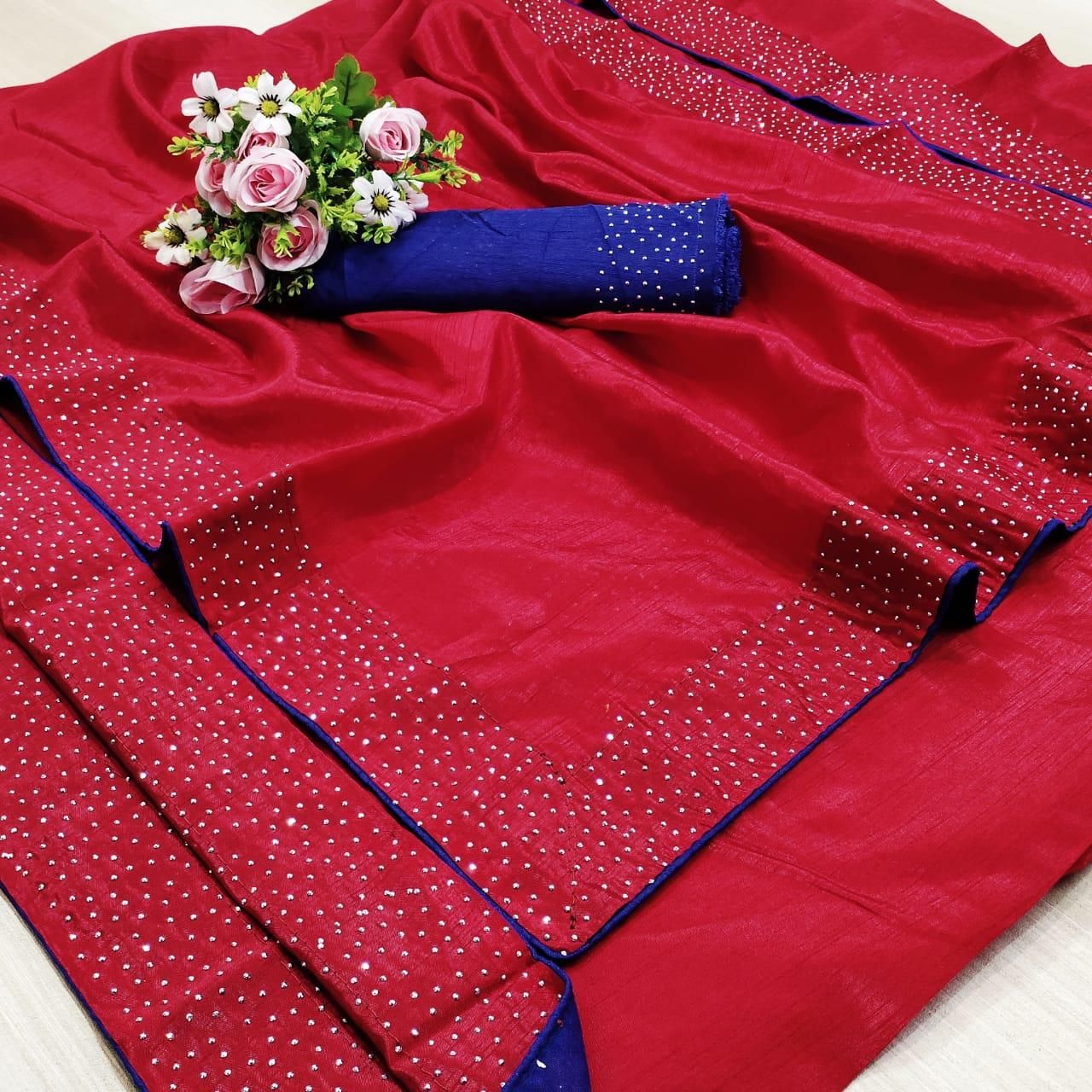 Pretty Red Blue Banglori Silk Solid With Stone Border Regular Sarees