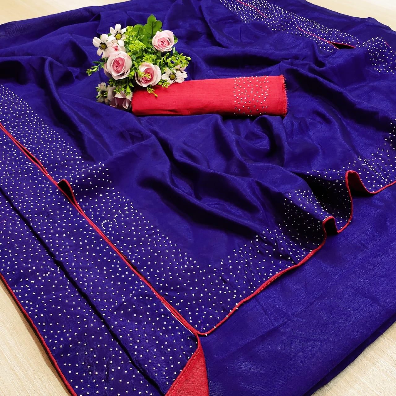 Pretty Blue Red Banglori Silk Solid With Stone Border Regular Sarees