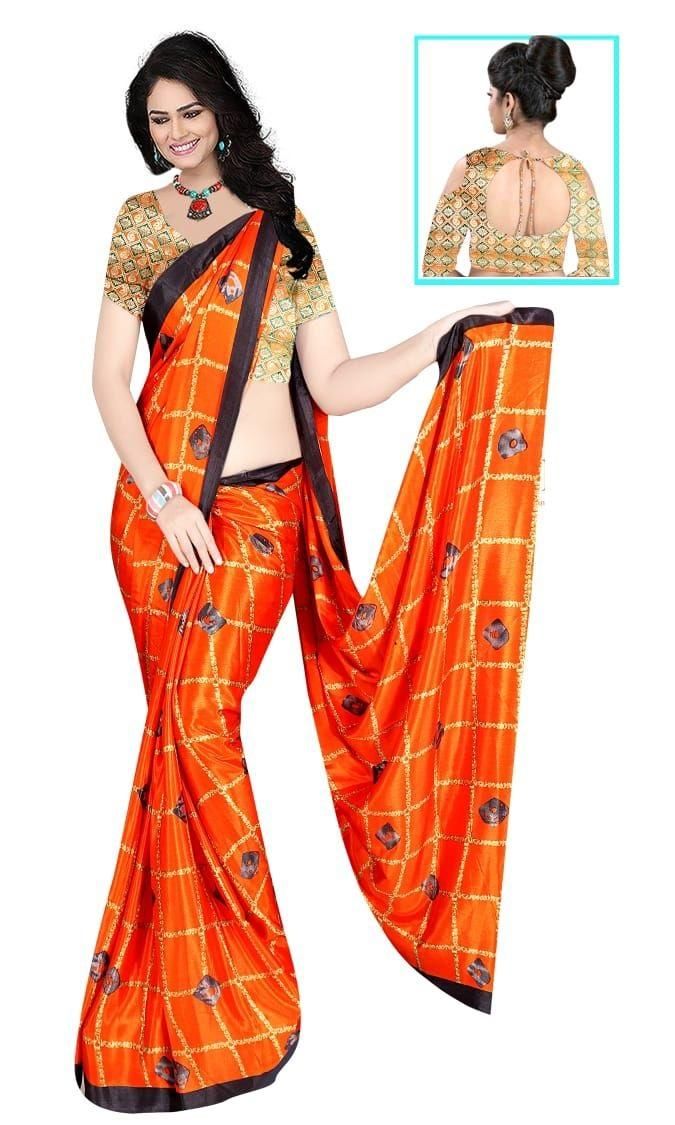 Glamorous Orange Silk Checks Print Saree