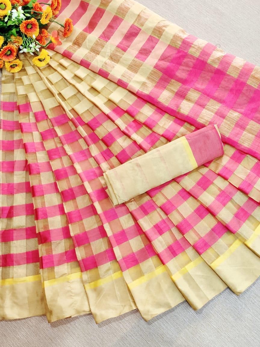 Traditional Crme Pink Cotton Silk Strips Saree