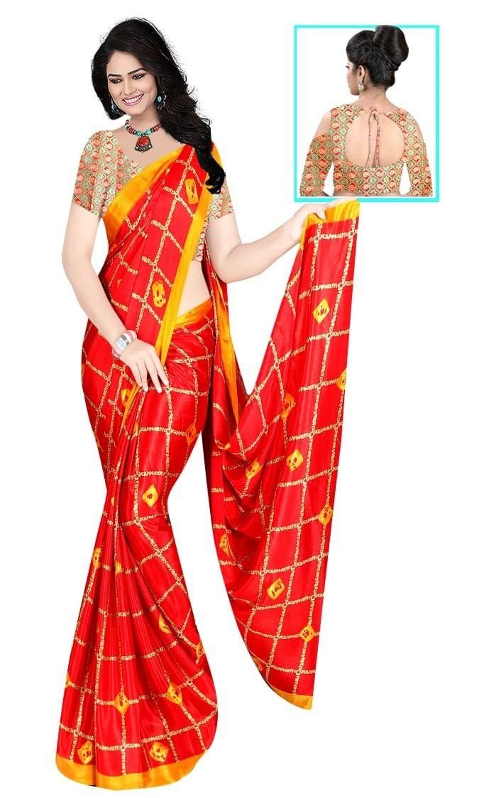 Glamorous Orange Silk Checks Print Saree