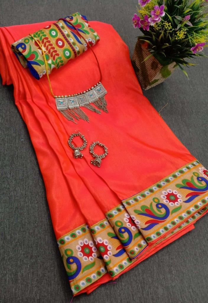 Latest Orange Sana Silk Solid With Printed Border Regular Saree