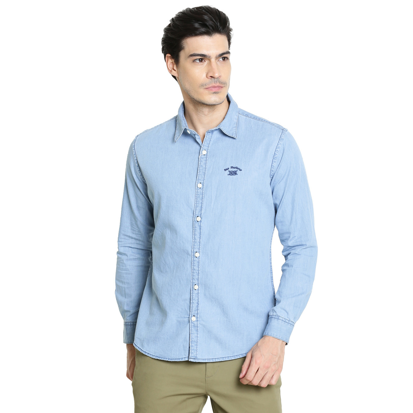 Bar Harbour Men Solid Casual Light Blue Denim Shirt