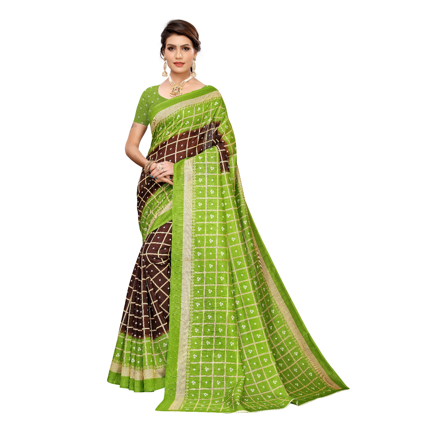BANDHANI CHECKS COFFEE SAREE